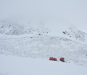 Fang Peak hidden behind cloud and the snow surrounding the hut and the Hagglands.