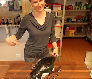 Woman standing and pointing at a penguin shaped cake on the table.