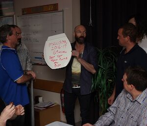 Man presenting plumbing colleagues with a decorated toilet seat cover