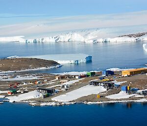 Mawson station from the air with the glacier behind it