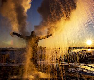 A man surrounded by ice crystals in the air