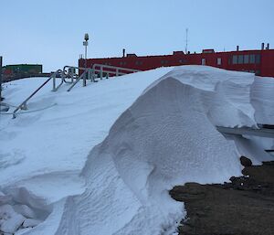 the top of a metal walkway sticking through deep snow