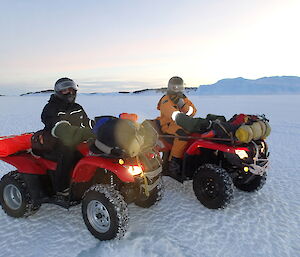 Two people on quad bikes with lots of layers on