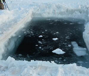 A hole in the sea ice with icy water in it