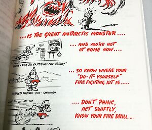 A old fire awareness poster saying Fire is the great Antarctic monster, and you're not at home now, don’t panic, act swiftly and don’t smoke in bed!