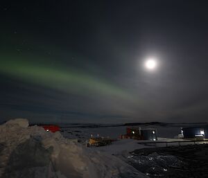 A full moon and a green aurora