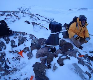 A fixed camera surrounded by rocks