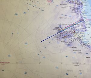 A map of Antarctica with lines showing were each team is on the way to the South Pole