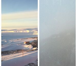 side by side photo of a clear view and a view obscured by snow