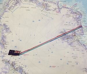 Map of Antarctica with distances travelled marked