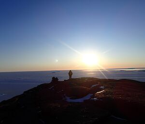 A man looking from the top of a mountain across the sea ice.