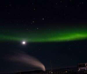 A green aurora across the sky with a moon in the middle