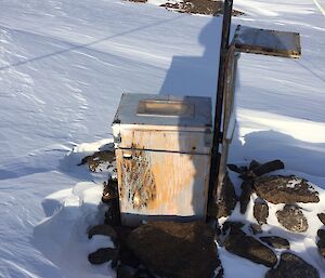 A small wooden box in the snow