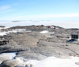 Looking across the sea ice from the top of a rocky island