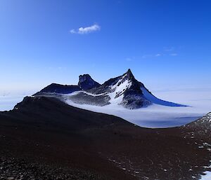 The view of a ridge of a mountain set in a clear sky