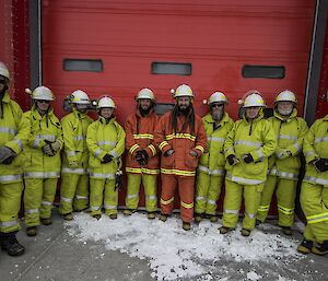 A group of men in high visability fire unifroms