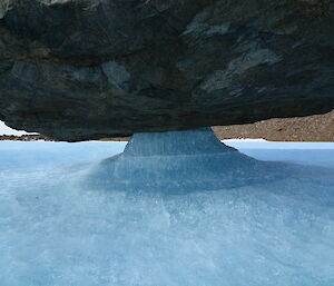 A large rock balanced on a small pedestal of ice