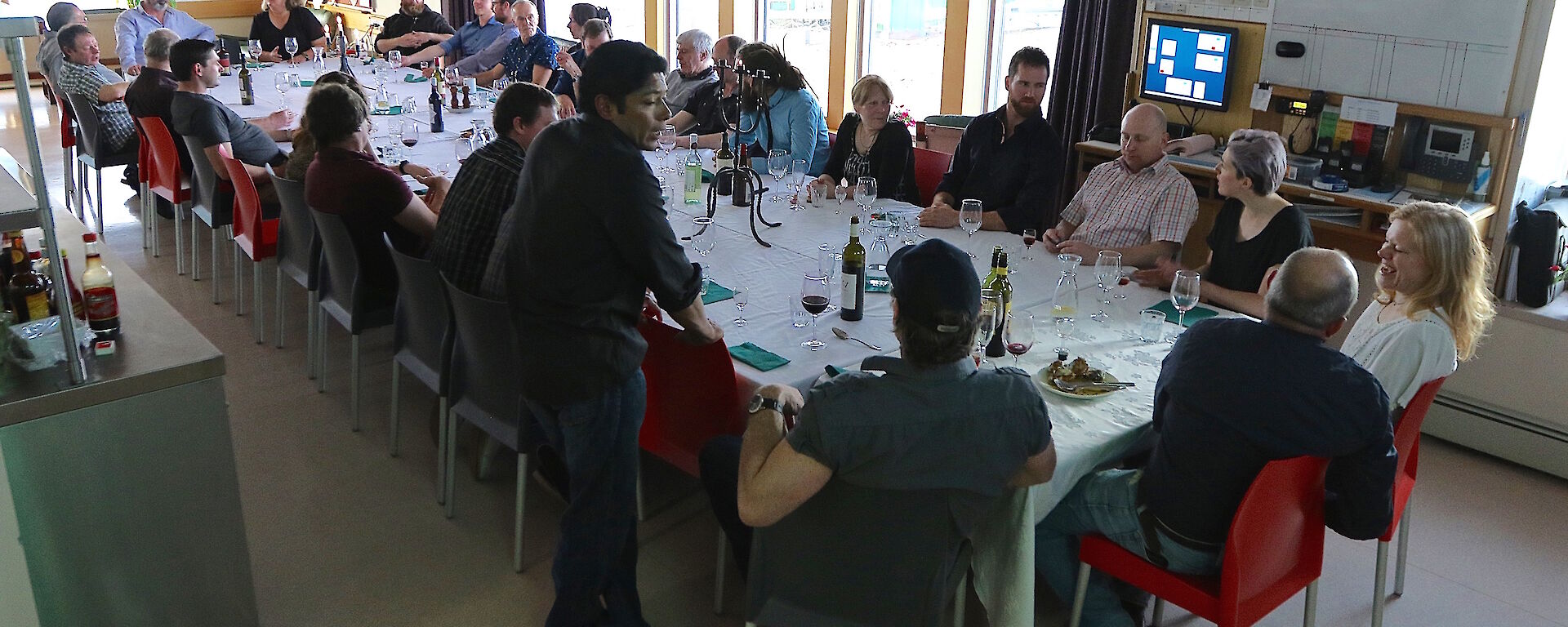 Mawson summer expeditioners enjoying a Saturday evening dinner