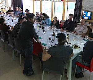 Mawson summer expeditioners enjoying a Saturday evening dinner