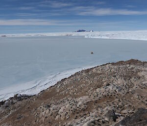 The view from the Rookery Islands with a Hagg parked on the sea ice while counting penguins on a beautiful sunny day
