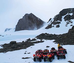 Seven quad bikes in the foreground with snow and rocks surrounding them.