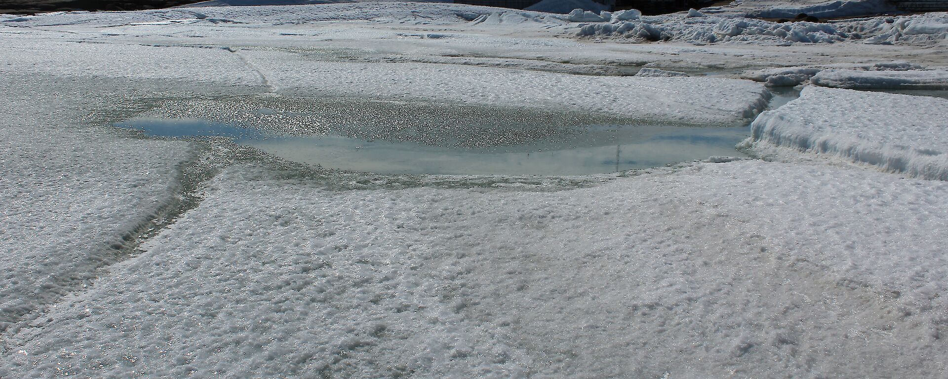 A picture of deteriorating Horseshoe Hrbour sea ice in front of the station