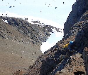 An expeditioner climbing Rumdoodle in the Central Masson Range near Mawson Station