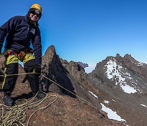 An expeditioner at the top of Rumdoodle Peak