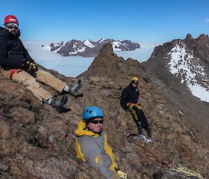 Three expeditioners on the summit of Rumdoodle Peak