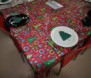 A picture of the Christmas table with napkins folded like a Christmas tree at Mawson 2016