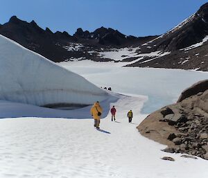 The expeditioners walking back down the wind scoop towards Fearne Lake in the North Masson Range