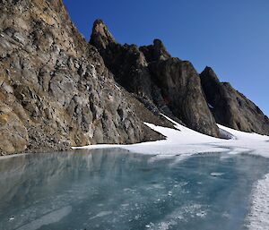 A melt lake between rocks and ice.