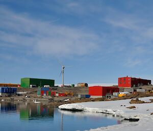 Mawson station on a perfect summer’s afternoon, the reflection of station shown in the calm waters of Horseshoe harbour