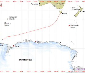The voyage track so far for the RV Aurora Australis