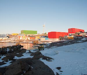 A view of Mawson station on a sunny afternoon