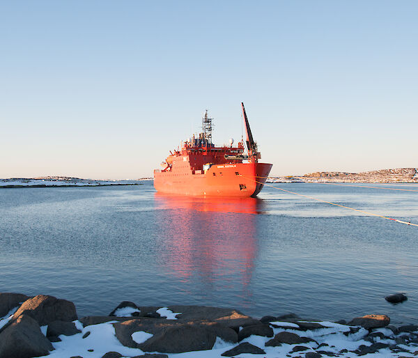 The Aurora Australis in the harbour at Mawson in calm waters.