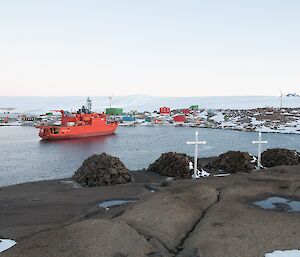 A view of the Aurora Australis in Horseshoe harbour at Mawson from West Arm