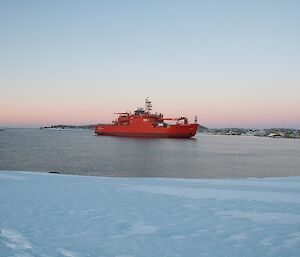 The Aurora Australis in the harbour in the cool evening light at Mawson this week