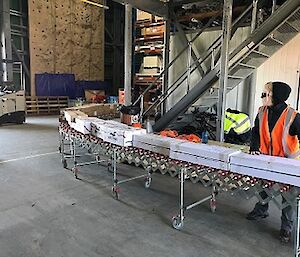 Lisa is pushing boxes of sausages along a production line on wheels