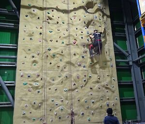 A man is climbing an indoor rock climbing wall in a harness