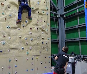 a man is wearing a harness climbing an indoor rock climbing wall