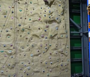a man has climbed to the top of an indoor rock climbing wall