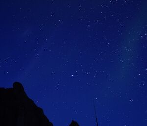 A deep blue sky with a faint Aurora and stars alongside a black mountain peak
