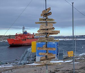 The location sign at Mawson with the Aurora Australis in Horseshoe Harbour