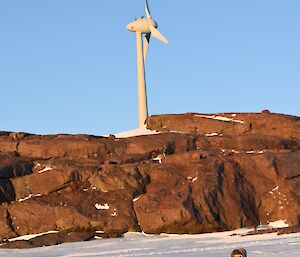 a man sits on the ice holding a camera to his eye. A wind turbine is in the background