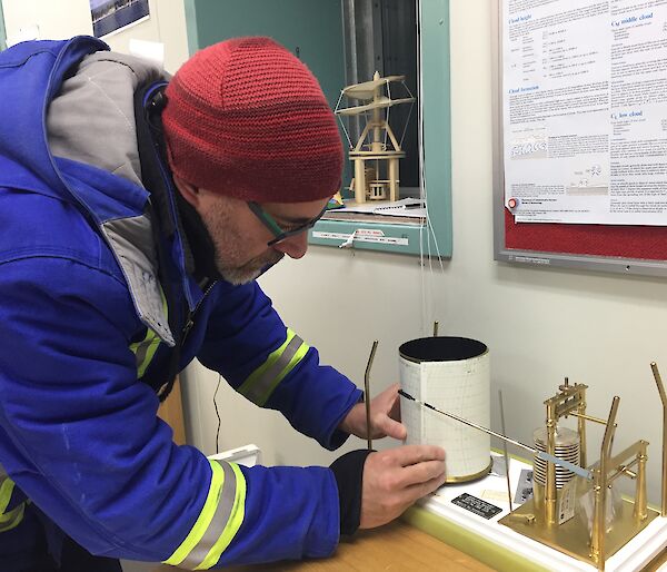 A man changes the paper on a barograph chart