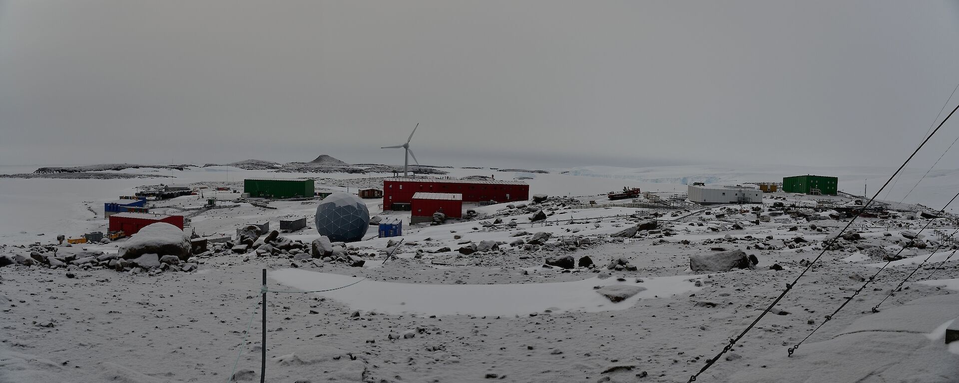Mawson station with a covering of white snow