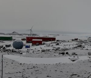Mawson station with a covering of white snow