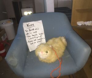 A stuffed toy cat is on a chair next to a note