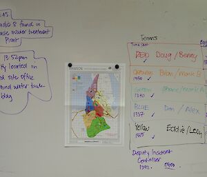 A white board with a map and search zones